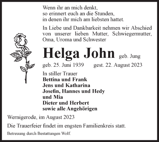 Traueranzeige von Helga John von Volksstimme Wernigerode