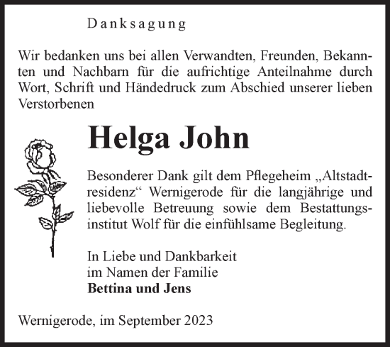 Traueranzeige von Helga John von Volksstimme Wernigerode