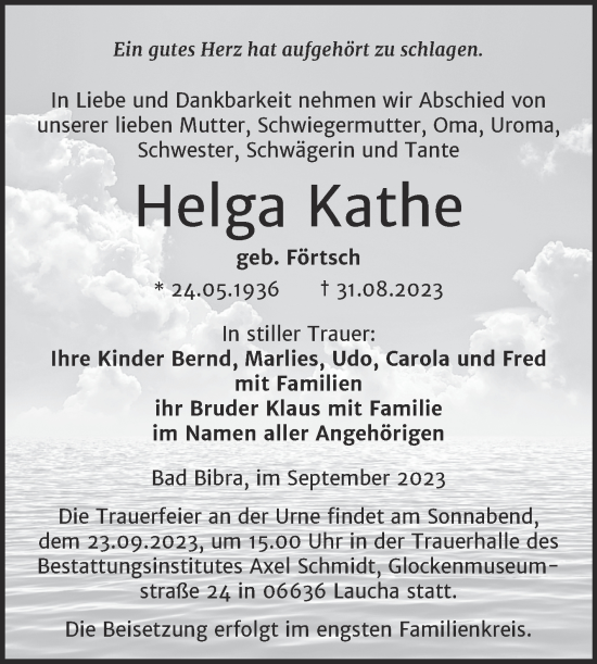 Traueranzeige von Helga Kathe von Wochenspiegel Naumburg/Nebra