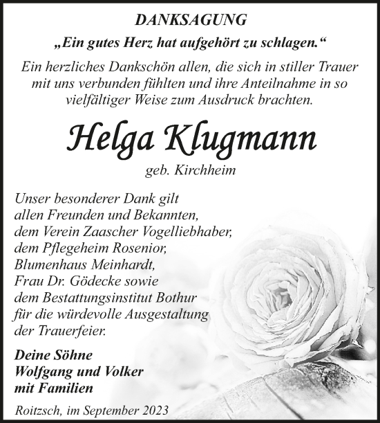 Traueranzeige von Helga Klugmann von Trauerkombi Bitterfeld