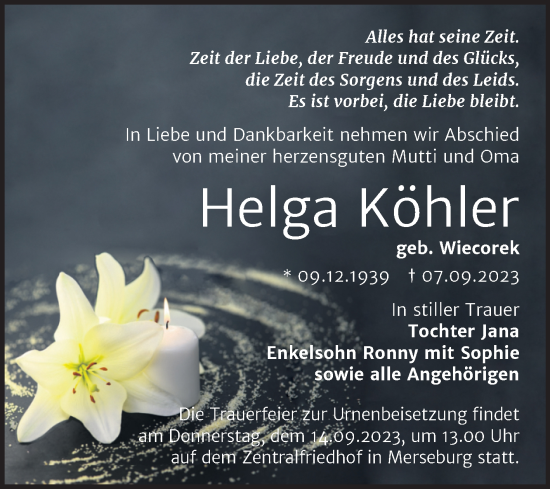 Traueranzeige von Helga Köhler von Trauerkombi Merseburg
