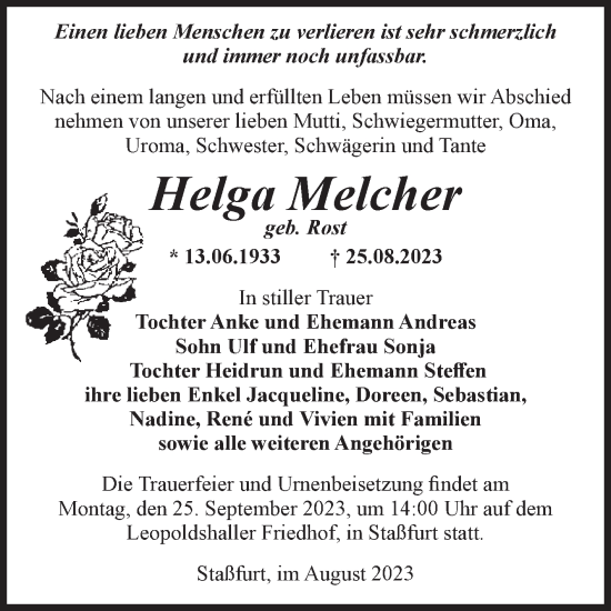 Traueranzeige von Helga Melcher von Volksstimme Staßfurt