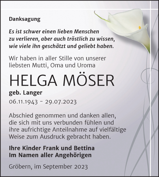 Traueranzeige von Helga Möser von Trauerkombi Bitterfeld