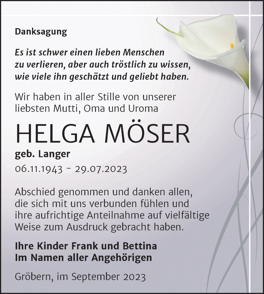 Traueranzeige für Helga Möser vom 16.09.2023 aus Trauerkombi Bitterfeld