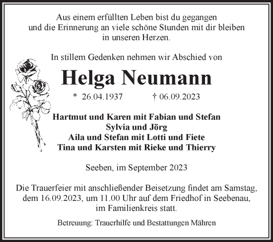 Traueranzeige von Helga Neumann von Volksstimme Altmark Ost