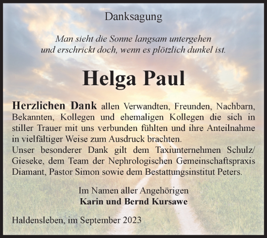 Traueranzeige von Helga Paul von Volksstimme Haldensleben/Wolmirstedt