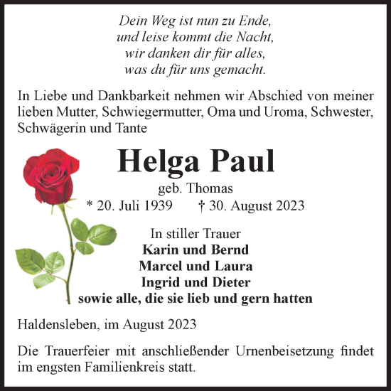 Traueranzeige von Helga Paul von Volksstimme Haldensleben/Wolmirstedt