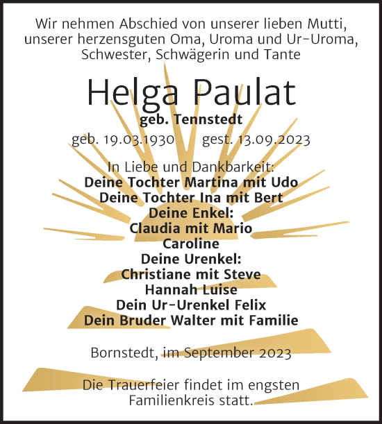 Traueranzeige von Helga Paulat von Mitteldeutsche Zeitung Mansfelder Land