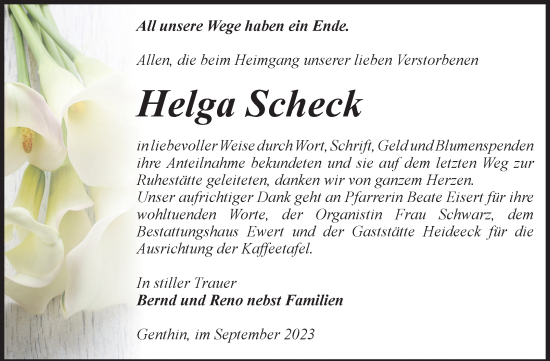 Traueranzeige von Helga Scheck von Volksstimme Burg/Genthin