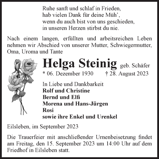 Traueranzeige von Helga Steinig von Volksstimme Oschersleben/Wanzleben