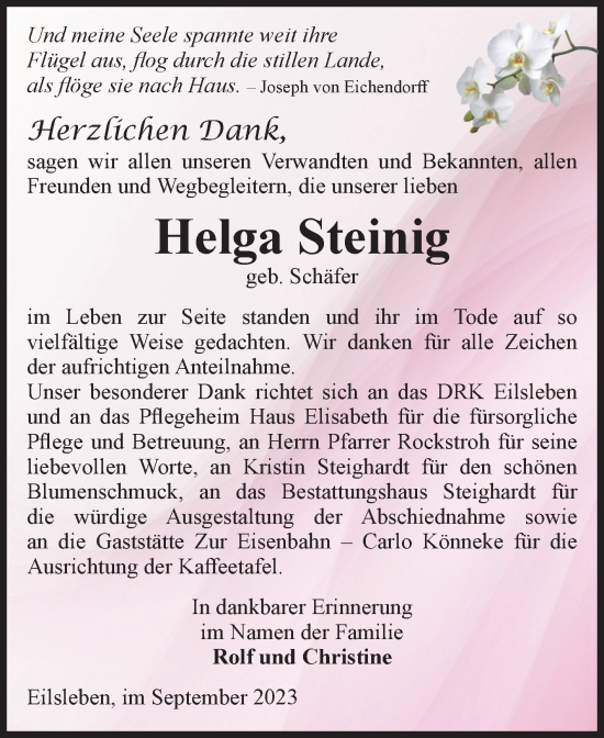Traueranzeige von Helga Steinig von Volksstimme Oschersleben/Wanzleben