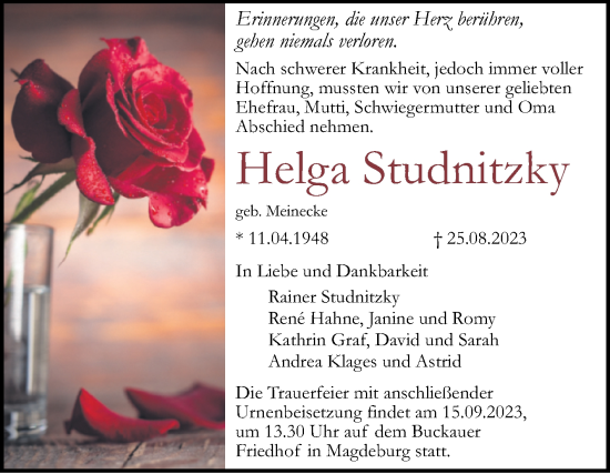Traueranzeige von Helga Studnitzky von Volksstimme Burg/Genthin