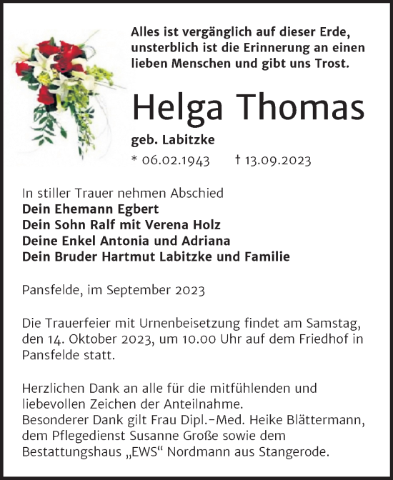 Traueranzeige von Helga Thomas von Trauerkombi Mansfelder Land