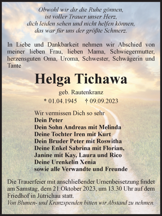 Traueranzeige von Helga Tichawa von Volksstimme Zerbst
