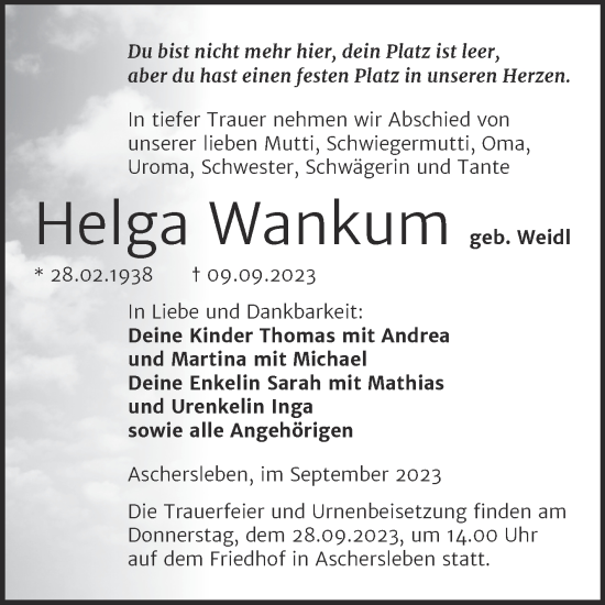 Traueranzeige von Helga Wankum von Trauerkombi Aschersleben