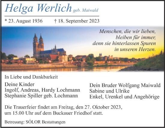 Traueranzeige von Helga Werlich von Volksstimme Magdeburg