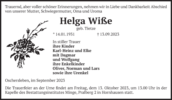 Traueranzeige von Helga Wiße von Volksstimme Oschersleben/Wanzleben