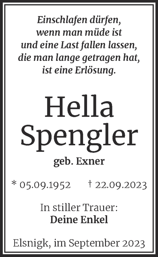 Traueranzeige von Hella Spengler von Trauerkombi Köthen