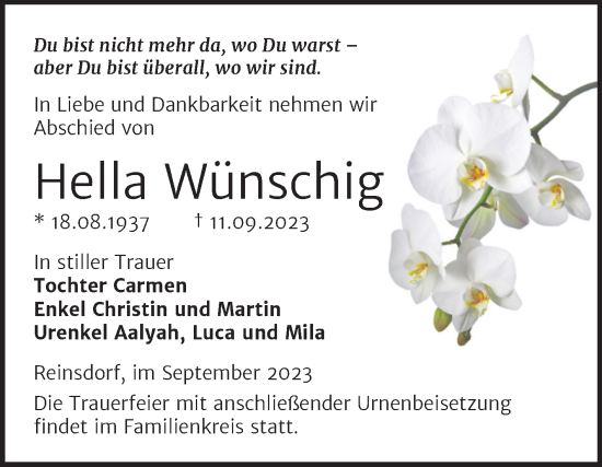 Traueranzeige von Hella Wünschig von Trauerkombi Wittenberg