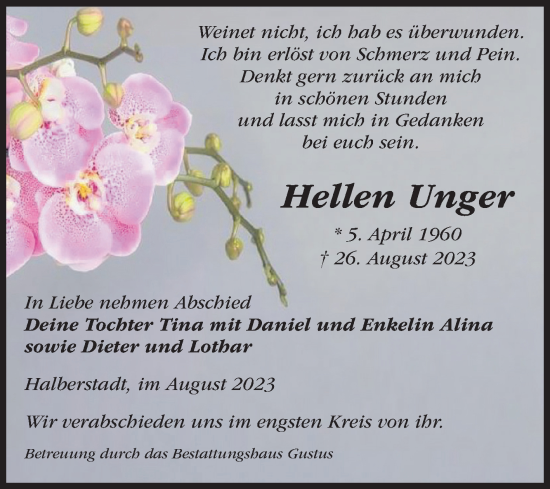 Traueranzeige von Hellen Unger von Volksstimme Halberstadt