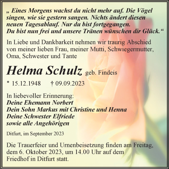 Traueranzeige von Helma Schulz von Trauerkombi Quedlinburg