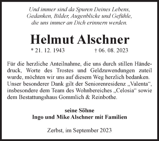 Traueranzeige von Helmut Alschner von Volksstimme Zerbst