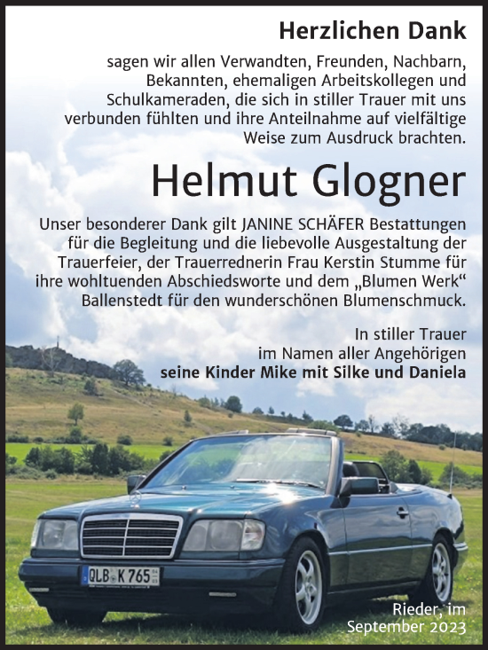 Traueranzeige von Helmut Glogner von Trauerkombi Quedlinburg