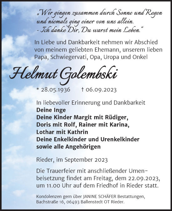 Traueranzeige von Helmut Golembski von Trauerkombi Quedlinburg
