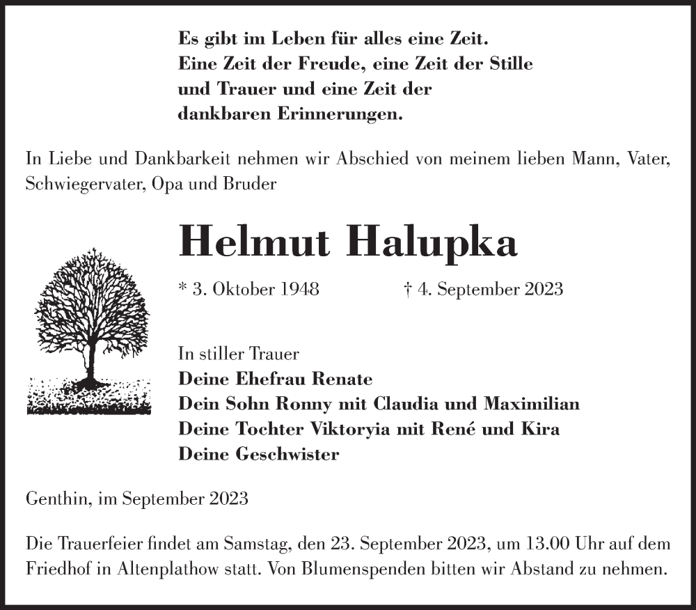  Traueranzeige für Helmut Halupka vom 16.09.2023 aus Volksstimme Burg/Genthin