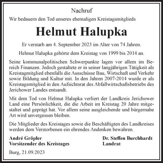 Traueranzeige von Helmut Halupka von Volksstimme Burg/Genthin