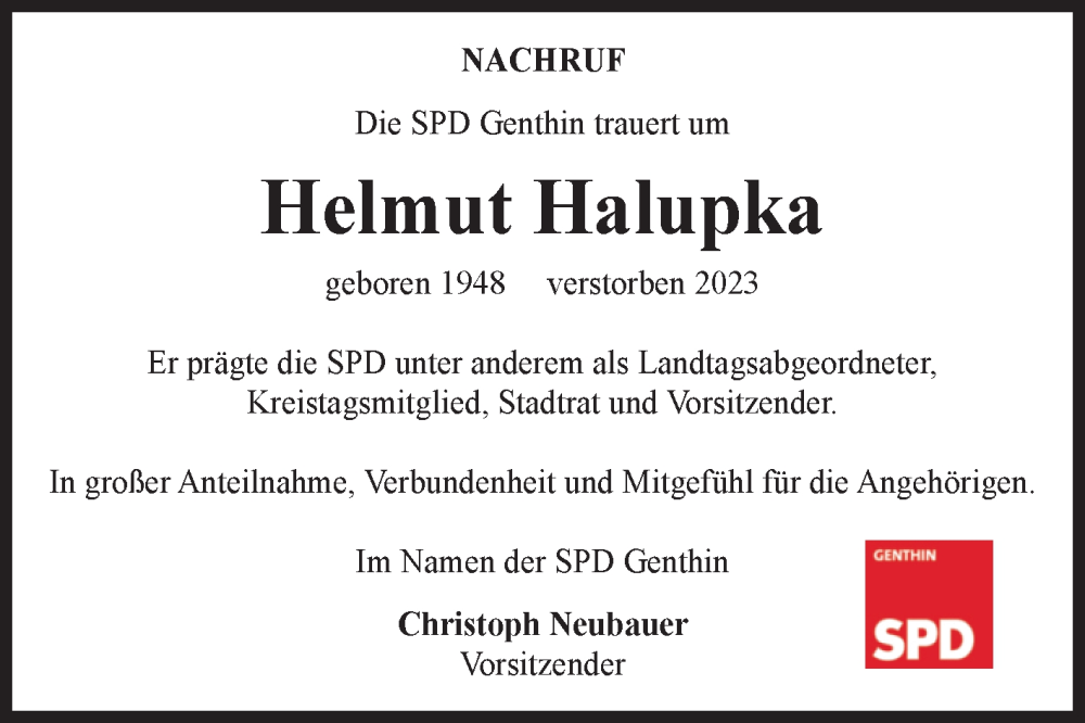  Traueranzeige für Helmut Halupka vom 20.09.2023 aus Volksstimme Burg/Genthin