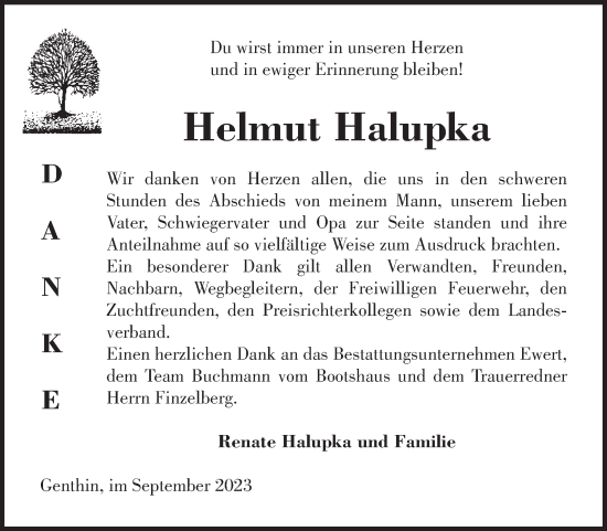 Traueranzeige von Helmut Halupka von Volksstimme Burg/Genthin