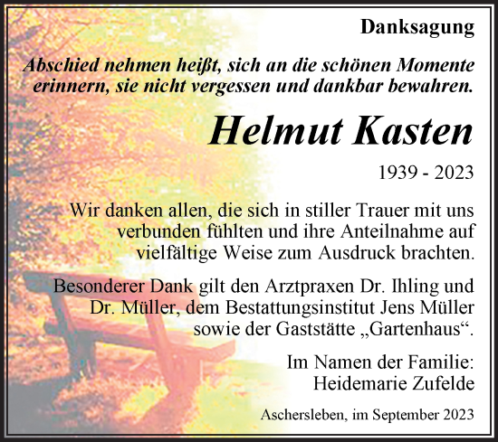 Traueranzeige von Helmut Kasten von Trauerkombi Aschersleben