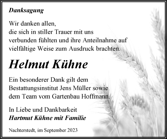 Traueranzeige von Helmut Kühne von Trauerkombi Aschersleben