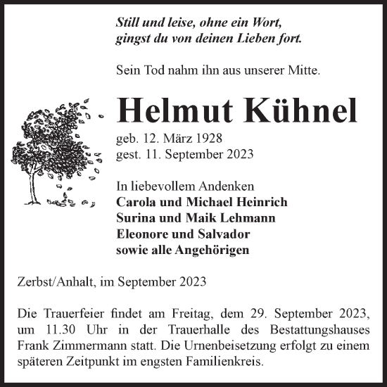 Traueranzeige von Helmut Kühnel von Volksstimme Zerbst