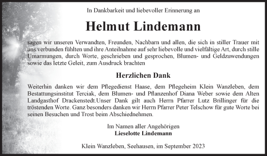 Traueranzeige von Helmut Lindemann von Volksstimme Oschersleben/Wanzleben