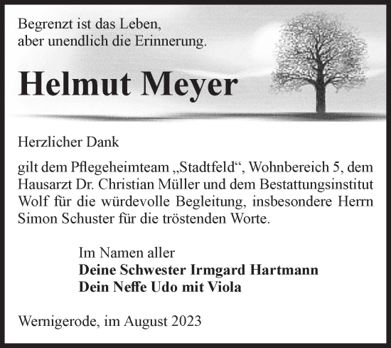 Traueranzeige von Helmut Meyer von Volksstimme Wernigerode