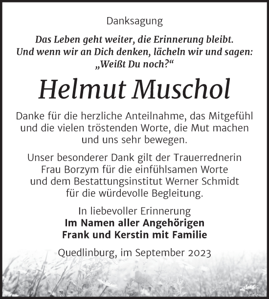 Traueranzeige von Helmut Muschol von Trauerkombi Quedlinburg