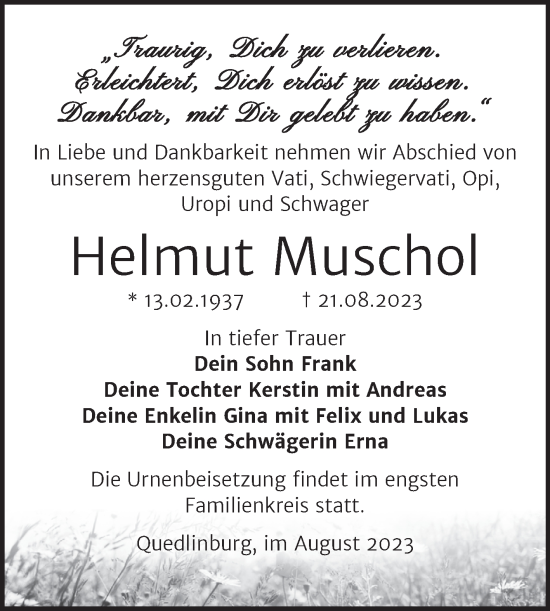 Traueranzeige von Helmut Muschol von Trauerkombi Quedlinburg