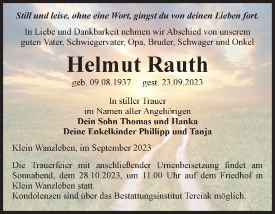 Traueranzeige von Helmut Rauth von Volksstimme Oschersleben/Wanzleben