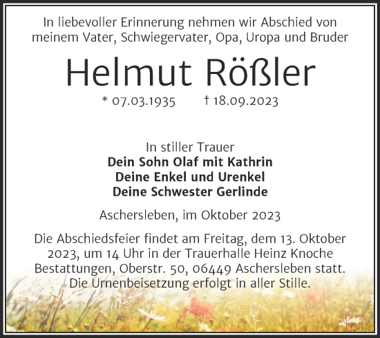 Traueranzeige von Helmut Rößler von Trauerkombi Aschersleben
