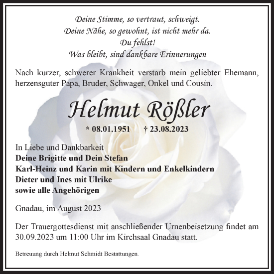 Traueranzeige von Helmut Rößler von Volksstimme Schönebeck