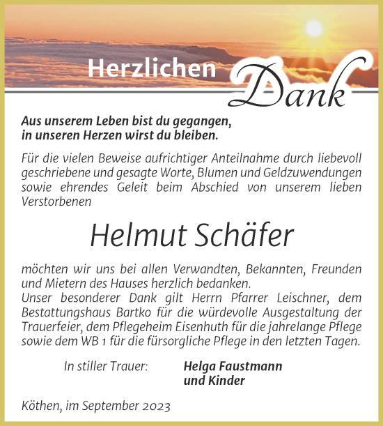Traueranzeige von Helmut Schäfer von Trauerkombi Köthen