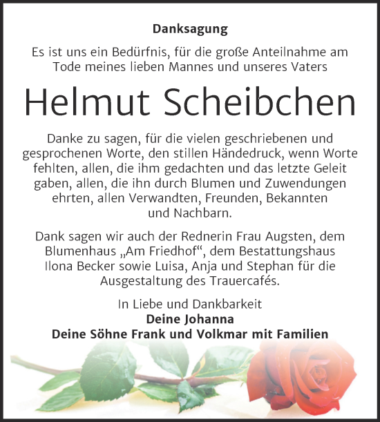 Traueranzeige von Helmut Scheibchen von Trauerkombi Sangerhausen