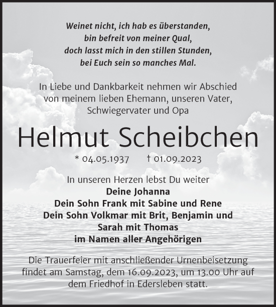 Traueranzeige von Helmut Scheibchen von Trauerkombi Sangerhausen