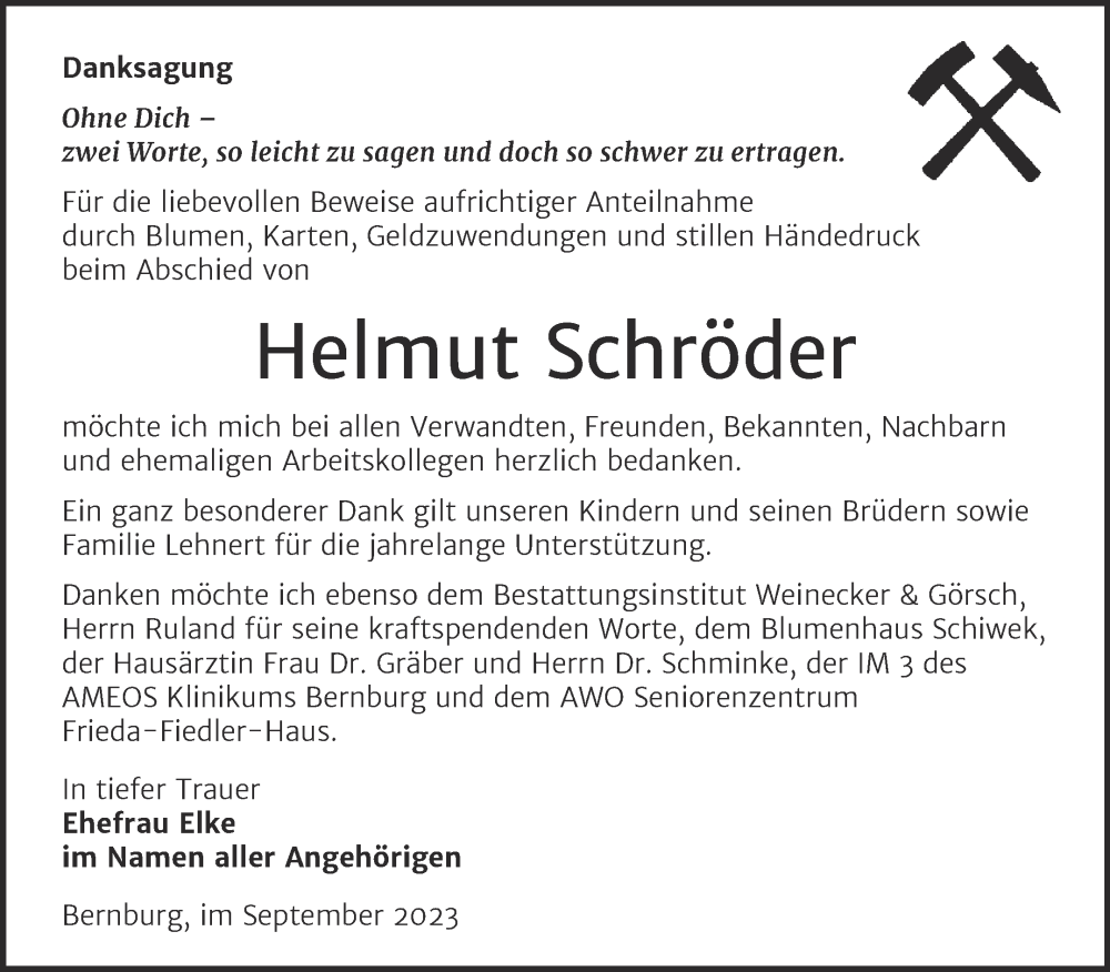  Traueranzeige für Helmut Schröder vom 30.09.2023 aus Trauerkombi Bernburg