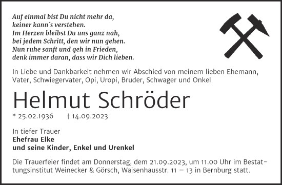 Traueranzeige von Helmut Schröder von Trauerkombi Bernburg