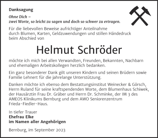 Traueranzeige von Helmut Schröder von Trauerkombi Bernburg