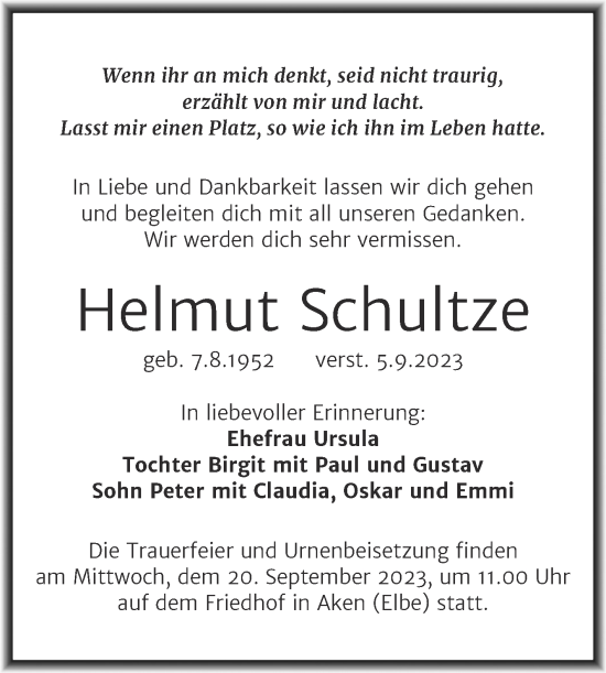 Traueranzeige von Helmut Schultze von Trauerkombi Köthen
