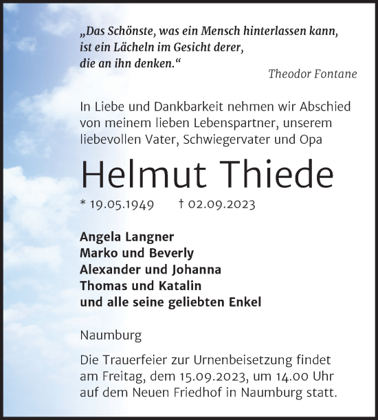 Traueranzeige von Helmut Thiede von Naumburger Tageblatt